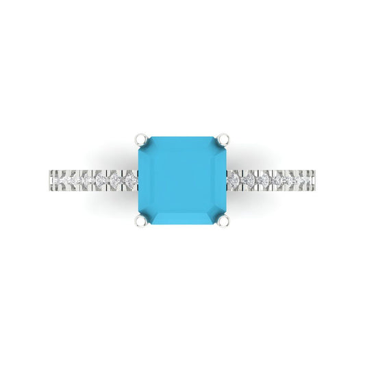 2.7 cttw Simulated Turquoise Solitaire with Zirconia Simulated Diamond Accents Engagement Ring - Solid White Gold (VVS1, Cushion Cut,6.5mm)
