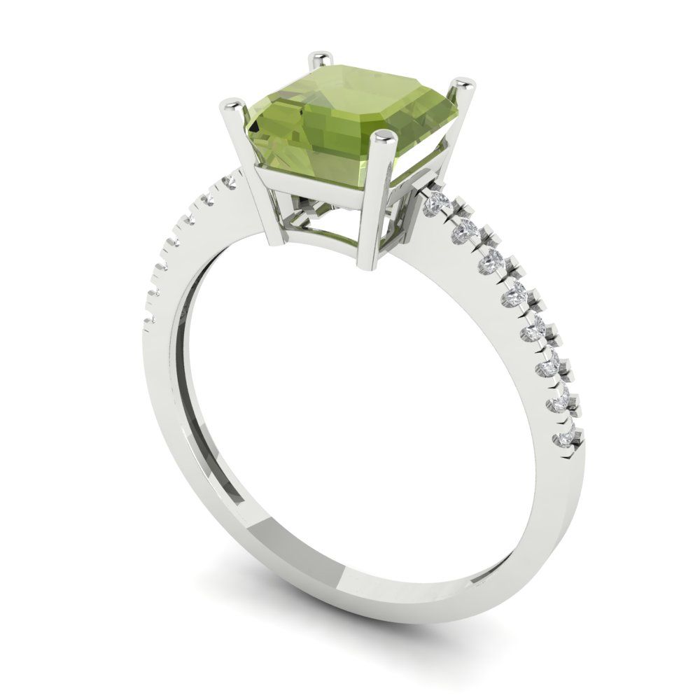 2.7 cttw Natural Peridot Solitaire with Zirconia Simulated Diamond Accents Engagement Ring - Solid Gold (Cushion Cut,6.5mm)