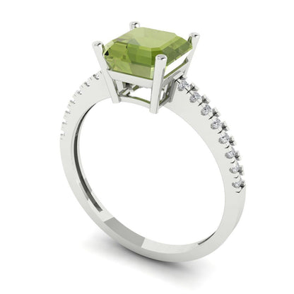 2.7 cttw Natural Peridot Solitaire with Zirconia Simulated Diamond Accents Engagement Ring - Solid Gold (Cushion Cut,6.5mm)