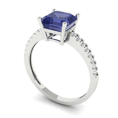 2.7 cttw Simulated Tanzanite Solitaire with Zirconia Simulated Diamond Accents Engagement Ring - Solid Gold (Cushion Cut,6.5mm)