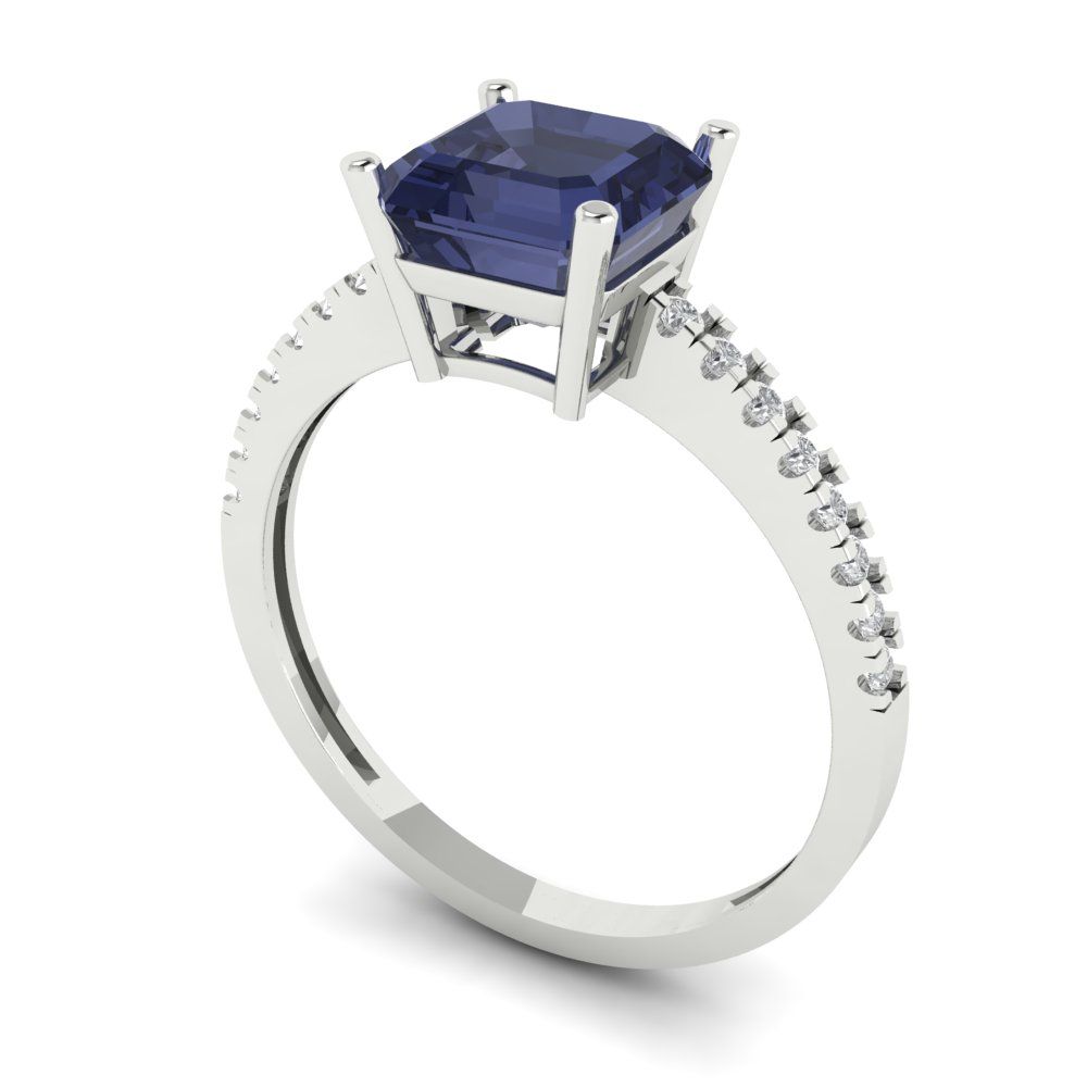 2.7 cttw Simulated Blue Sapphire Solitaire with Zirconia Simulated Diamond Accents Engagement Ring - Solid Gold (Cushion Cut,6.5mm)