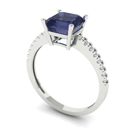 2.7 cttw Simulated Blue Sapphire Solitaire with Zirconia Simulated Diamond Accents Engagement Ring - Solid Gold (Cushion Cut,6.5mm)
