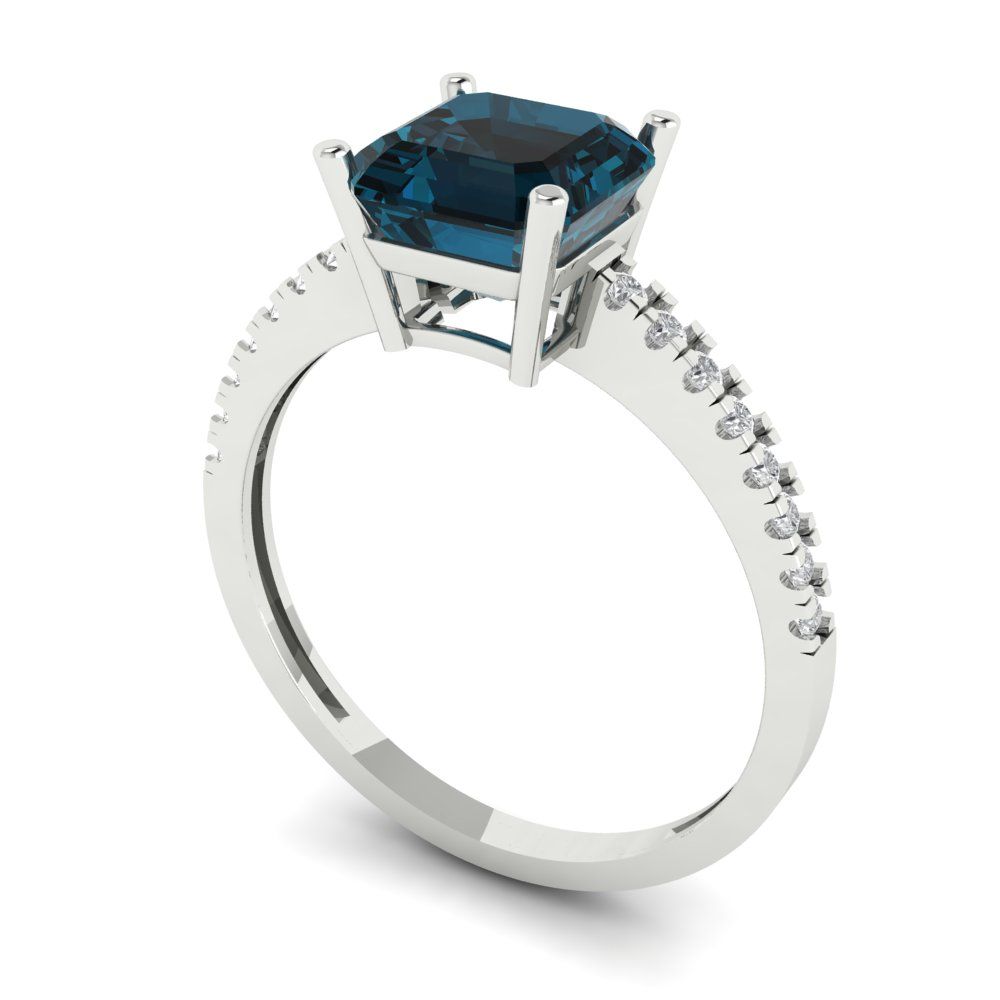 2.7 cttw Natural London Blue Topaz Solitaire with Zirconia Simulated Diamond Accents Engagement Ring - Solid Gold (Cushion Cut,6.5mm)