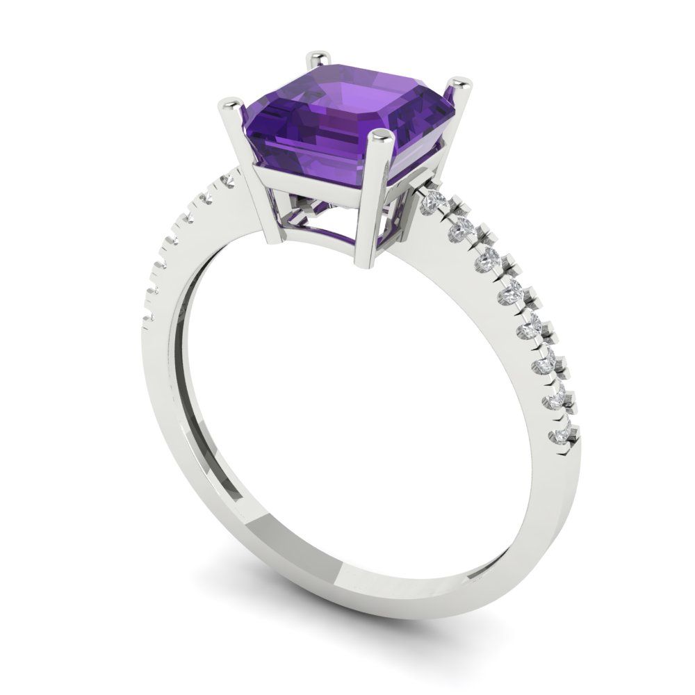 2.7 cttw Natural Amethyst Solitaire with Zirconia Simulated Diamond Accents Engagement Ring - Solid Gold (Cushion Cut,6.5mm)