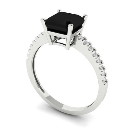 2.7 cttw Natural Onyx Solitaire with Zirconia Simulated Diamond Accents Engagement Ring - Solid Gold (Cushion Cut,6.5mm)