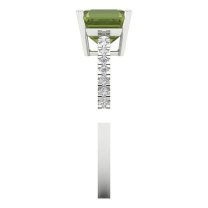 2.7 cttw Natural Peridot Solitaire with Zirconia Simulated Diamond Accents Engagement Ring - Solid Gold (Cushion Cut,6.5mm)