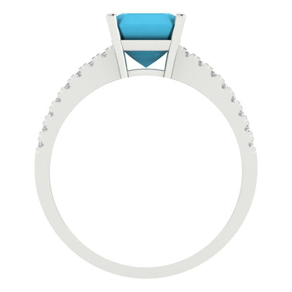 2.7 cttw Simulated Turquoise Solitaire with Zirconia Simulated Diamond Accents Engagement Ring - Solid Gold (Cushion Cut,6.5mm)