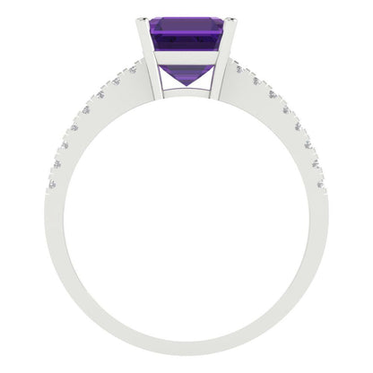 2.7 cttw Natural Amethyst Solitaire with Zirconia Simulated Diamond Accents Engagement Ring - Solid Gold (Cushion Cut,6.5mm)