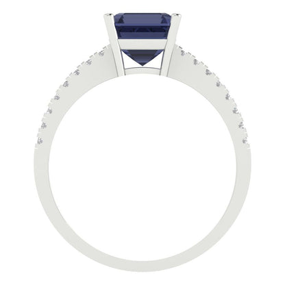 2.7 cttw Simulated Blue Sapphire Solitaire with Zirconia Simulated Diamond Accents Engagement Ring - Solid Gold (Cushion Cut,6.5mm)