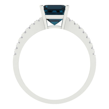 2.7 cttw Natural London Blue Topaz Solitaire with Zirconia Simulated Diamond Accents Engagement Ring - Solid Gold (Cushion Cut,6.5mm)