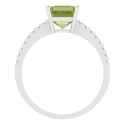 2.7 cttw Natural Peridot Solitaire with Zirconia Simulated Diamond Accents Engagement Ring - Solid Gold (Cushion Cut,6.5mm)