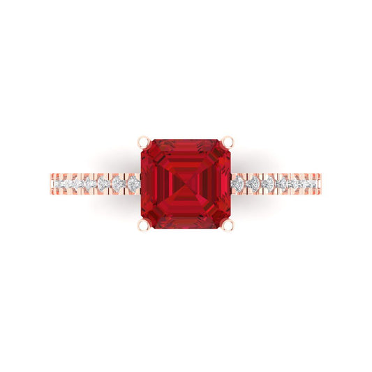 2.7 cttw Simulated Ruby Solitaire with Zirconia Simulated Diamond Accents Engagement Ring - Solid Rose Gold (VVS1, Cushion Cut,6.5mm)