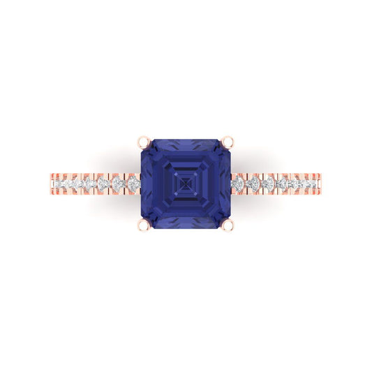 2.7 cttw Simulated Tanzanite Solitaire with Zirconia Simulated Diamond Accents Engagement Ring - Solid Rose Gold (VVS1, Cushion Cut,6.5mm)