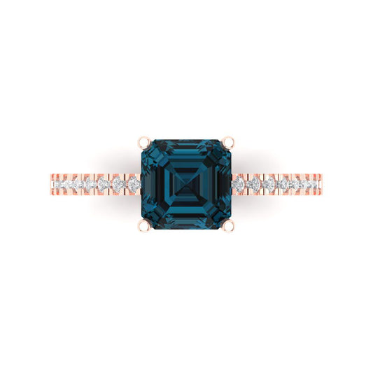 2.7 cttw Natural London Blue Topaz Solitaire with Zirconia Simulated Diamond Accents Engagement Ring - Solid Rose Gold (VVS1, Cushion Cut,6.5mm)