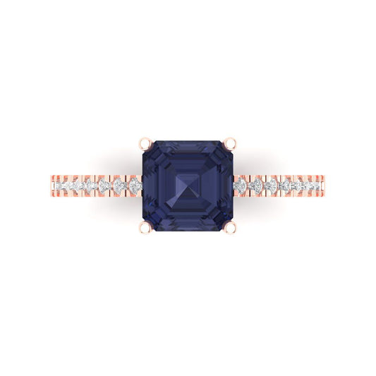 2.7 cttw Simulated Blue Sapphire Solitaire with Zirconia Simulated Diamond Accents Engagement Ring - Solid Rose Gold (VVS1, Cushion Cut,6.5mm)
