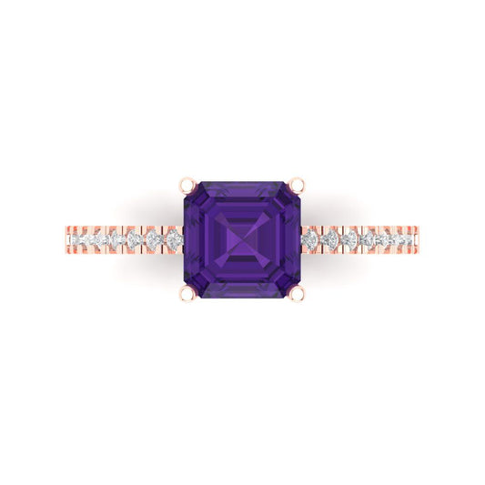 2.7 cttw Natural Amethyst Solitaire with Zirconia Simulated Diamond Accents Engagement Ring - Solid Rose Gold (VVS1, Cushion Cut,6.5mm)