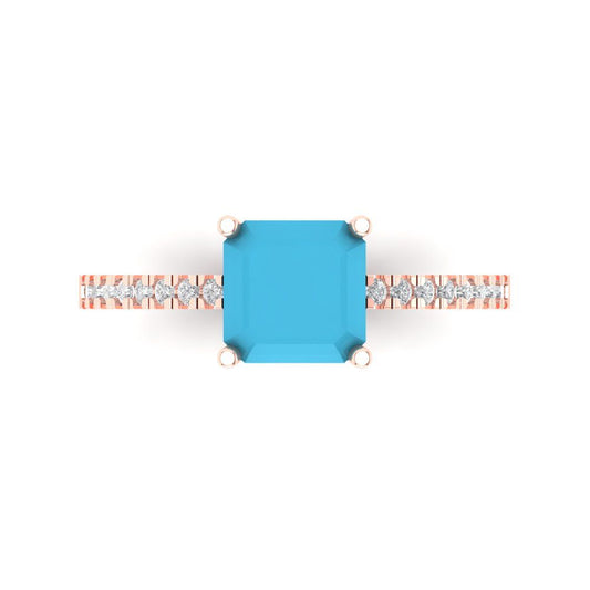 2.7 cttw Simulated Turquoise Solitaire with Zirconia Simulated Diamond Accents Engagement Ring - Solid Rose Gold (VVS1, Cushion Cut,6.5mm)