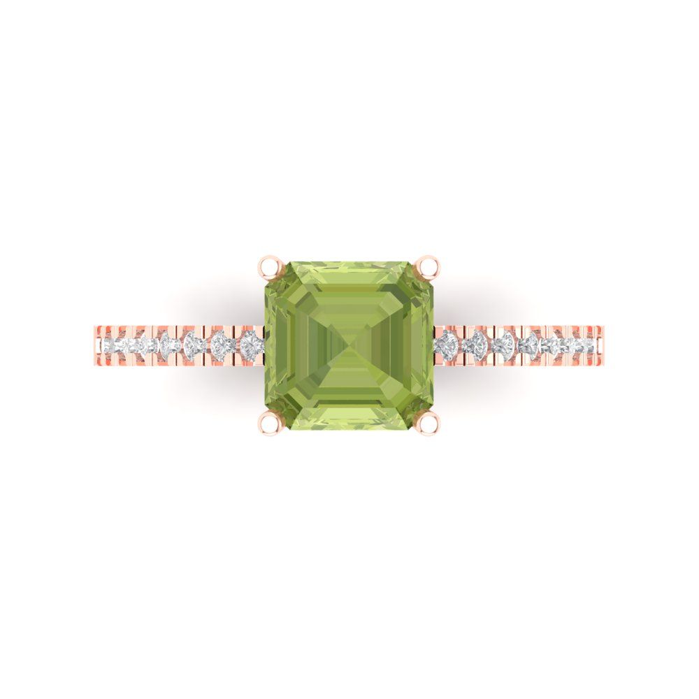 2.7 cttw Natural Peridot Solitaire with Zirconia Simulated Diamond Accents Engagement Ring - Solid Gold (Cushion Cut,6.5mm)