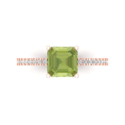 2.7 cttw Natural Peridot Solitaire with Zirconia Simulated Diamond Accents Engagement Ring - Solid Gold (Cushion Cut,6.5mm)