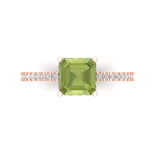 2.7 cttw Natural Peridot Solitaire with Zirconia Simulated Diamond Accents Engagement Ring - Solid Rose Gold (VVS1, Cushion Cut,6.5mm)