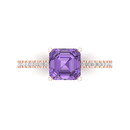 2.7 cttw Simulated Alexandrite Solitaire with Zirconia Simulated Diamond Accents Engagement Ring - Solid Rose Gold (VVS1, Cushion Cut,6.5mm)