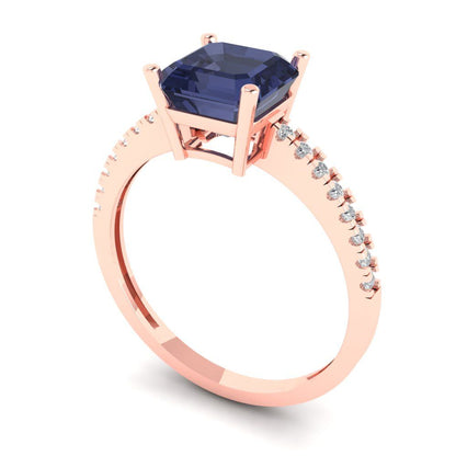 2.7 cttw Simulated Blue Sapphire Solitaire with Zirconia Simulated Diamond Accents Engagement Ring - Solid Gold (Cushion Cut,6.5mm)