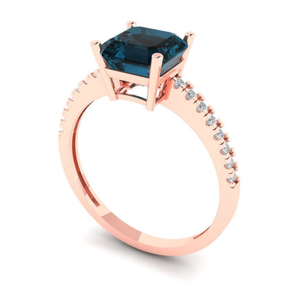 2.7 cttw Natural London Blue Topaz Solitaire with Zirconia Simulated Diamond Accents Engagement Ring - Solid Gold (Cushion Cut,6.5mm)