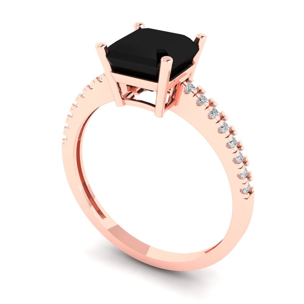 2.7 cttw Natural Onyx Solitaire with Zirconia Simulated Diamond Accents Engagement Ring - Solid Gold (Cushion Cut,6.5mm)