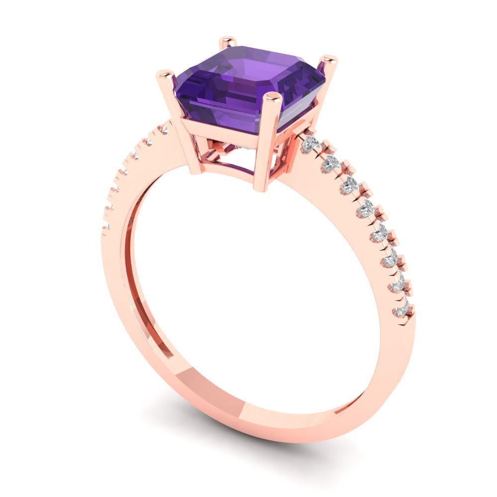 2.7 cttw Natural Amethyst Solitaire with Zirconia Simulated Diamond Accents Engagement Ring - Solid Gold (Cushion Cut,6.5mm)