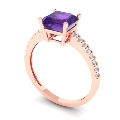 2.7 cttw Natural Amethyst Solitaire with Zirconia Simulated Diamond Accents Engagement Ring - Solid Gold (Cushion Cut,6.5mm)