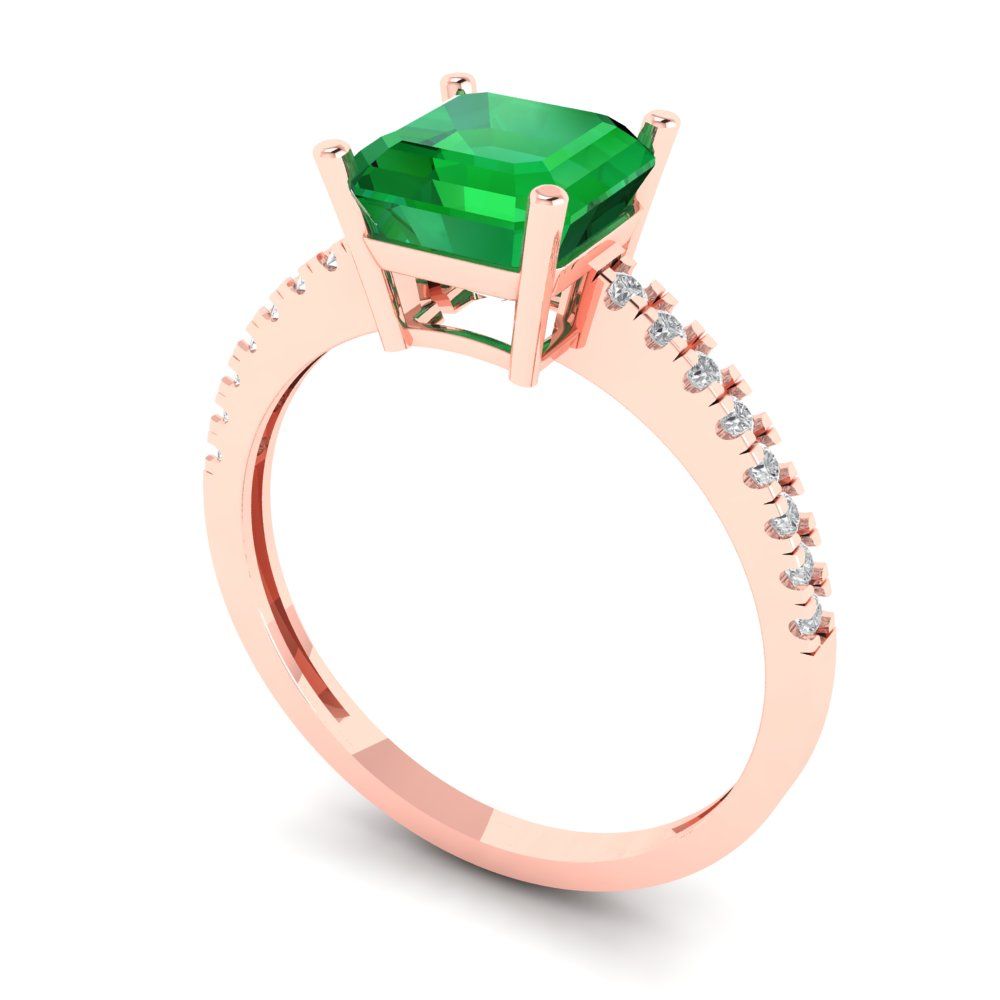 2.7 cttw Simulated Emerald Solitaire with Zirconia Simulated Diamond Accents Engagement Ring - Solid Gold (Cushion Cut,6.5mm)