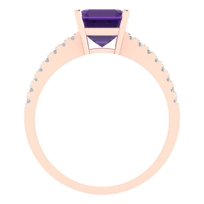 2.7 cttw Natural Amethyst Solitaire with Zirconia Simulated Diamond Accents Engagement Ring - Solid Gold (Cushion Cut,6.5mm)