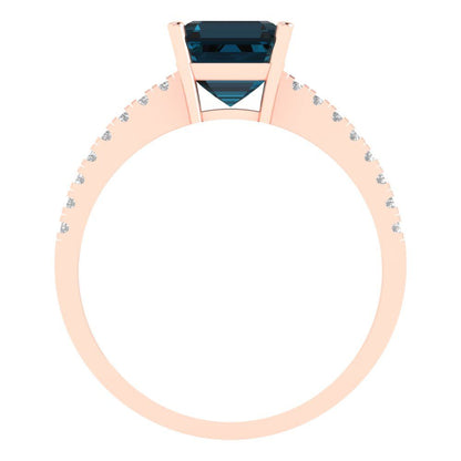 2.7 cttw Natural London Blue Topaz Solitaire with Zirconia Simulated Diamond Accents Engagement Ring - Solid Gold (Cushion Cut,6.5mm)