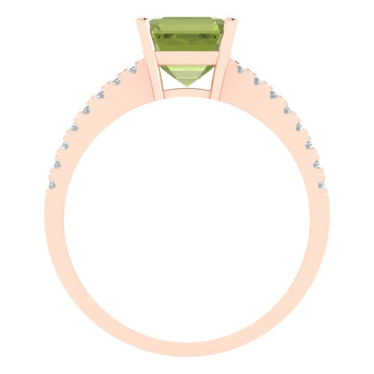 2.7 cttw Natural Peridot Solitaire with Zirconia Simulated Diamond Accents Engagement Ring - Solid Gold (Cushion Cut,6.5mm)