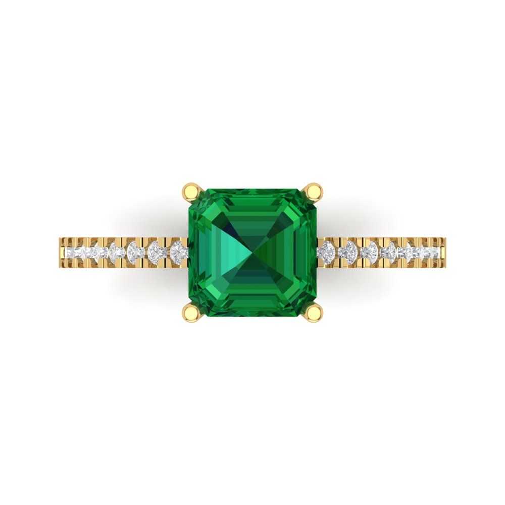 2.7 cttw Simulated Emerald Solitaire with Zirconia Simulated Diamond Accents Engagement Ring - Solid Gold (Asscher Cut,6.5mm)