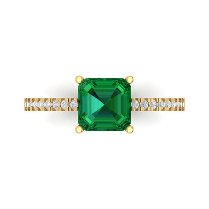 2.7 cttw Simulated Emerald Solitaire with Zirconia Simulated Diamond Accents Engagement Ring - Solid Gold (Asscher Cut,6.5mm)
