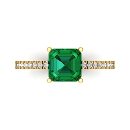 2.7 cttw Simulated Emerald Solitaire with Zirconia Simulated Diamond Accents Engagement Ring - Solid Yellow Gold (VVS1, Asscher Cut,6.5mm)