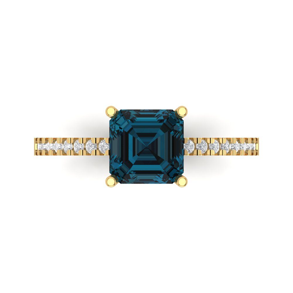 2.7 cttw Natural London Blue Topaz Solitaire with Zirconia Simulated Diamond Accents Engagement Ring - Solid Gold (Asscher Cut,6.5mm)