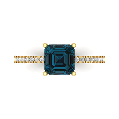 2.7 cttw Natural London Blue Topaz Solitaire with Zirconia Simulated Diamond Accents Engagement Ring - Solid Gold (Asscher Cut,6.5mm)