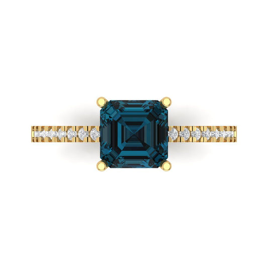 2.7 cttw Natural London Blue Topaz Solitaire with Zirconia Simulated Diamond Accents Engagement Ring - Solid Yellow Gold (VVS1, Asscher Cut,6.5mm)