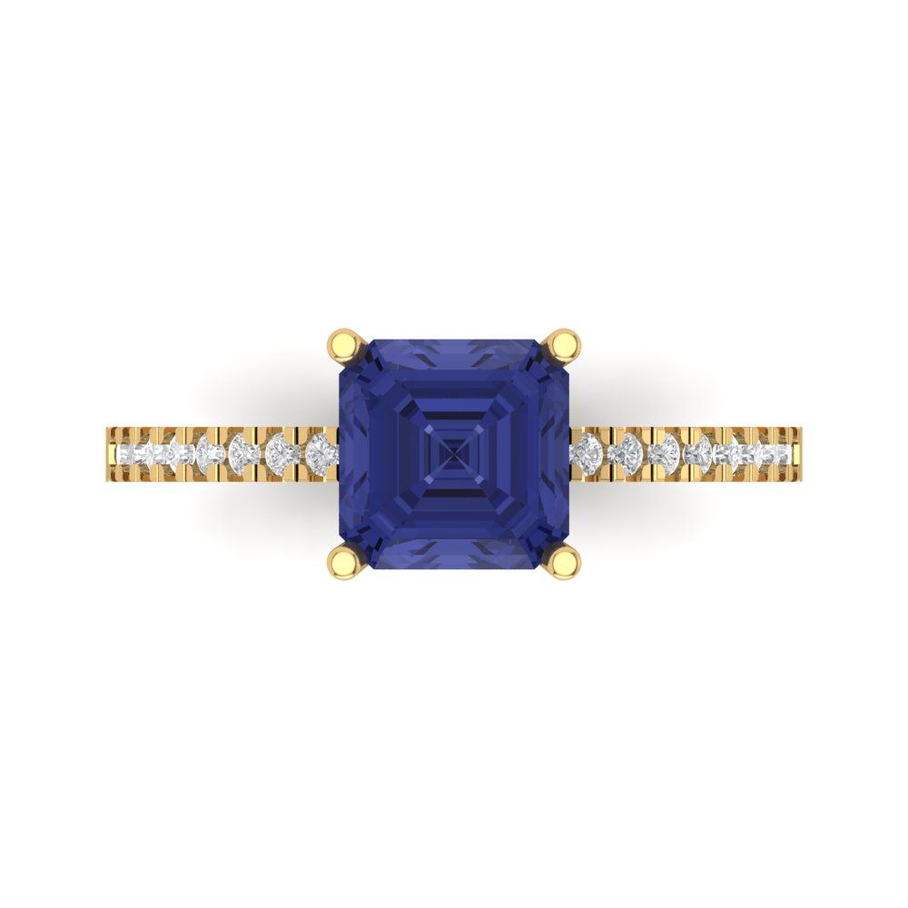 2.7 cttw Simulated Tanzanite Solitaire with Zirconia Simulated Diamond Accents Engagement Ring - Solid Yellow Gold (VVS1, Asscher Cut,6.5mm)