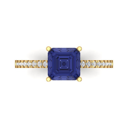 2.7 cttw Simulated Tanzanite Solitaire with Zirconia Simulated Diamond Accents Engagement Ring - Solid Yellow Gold (VVS1, Asscher Cut,6.5mm)