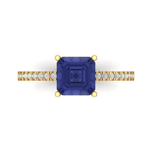 2.7 cttw Simulated Tanzanite Solitaire with Zirconia Simulated Diamond Accents Engagement Ring - Solid Yellow Gold (VVS1, Asscher Cut,6.5mm)