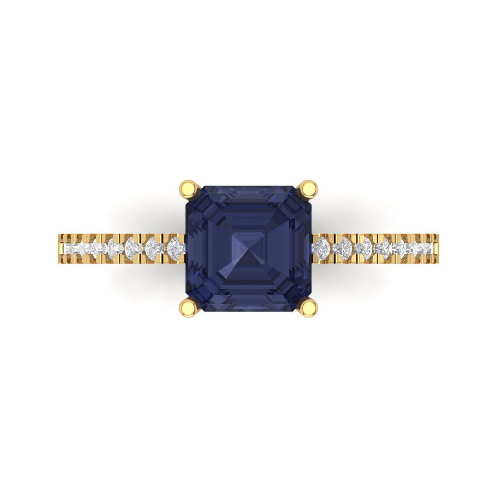 2.7 cttw Simulated Blue Sapphire Solitaire with Zirconia Simulated Diamond Accents Engagement Ring - Solid Yellow Gold (VVS1, Asscher Cut,6.5mm)