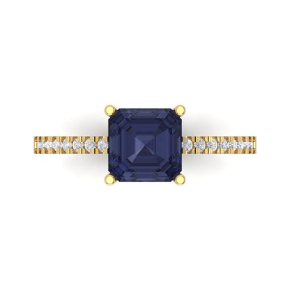 2.7 cttw Simulated Blue Sapphire Solitaire with Zirconia Simulated Diamond Accents Engagement Ring - Solid Yellow Gold (VVS1, Asscher Cut,6.5mm)