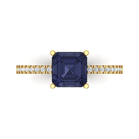 2.7 cttw Simulated Blue Sapphire Solitaire with Zirconia Simulated Diamond Accents Engagement Ring - Solid Yellow Gold (VVS1, Asscher Cut,6.5mm)