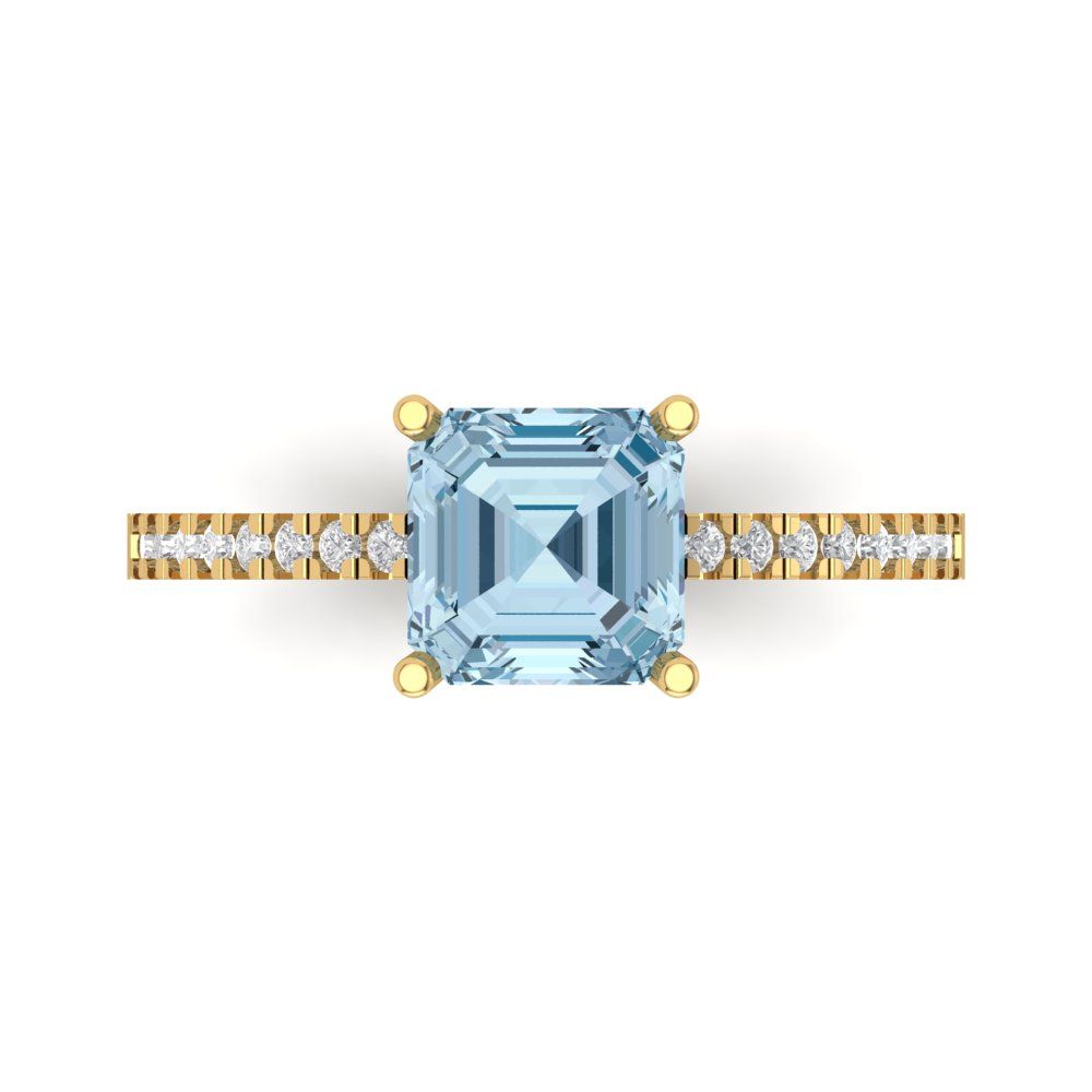 2.7 cttw Zirconia Simulated Blue Diamond Solitaire with Zirconia Simulated Diamond Accents Engagement Ring - Solid Yellow Gold (VVS1, Asscher Cut,6.5mm)