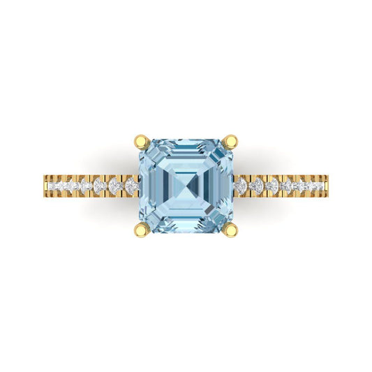 2.7 cttw Zirconia Simulated Blue Diamond Solitaire with Zirconia Simulated Diamond Accents Engagement Ring - Solid Yellow Gold (VVS1, Asscher Cut,6.5mm)