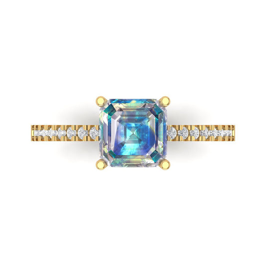 2.7 cttw Blue Moissanite Solitaire with Zirconia Simulated Diamond Accents Engagement Ring - Solid Yellow Gold (VVS1, Asscher Cut,6.5mm)
