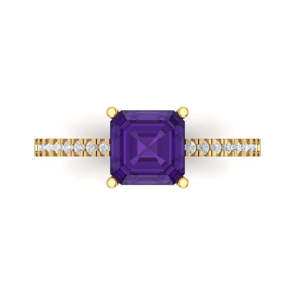 2.7 cttw Natural Amethyst Solitaire with Zirconia Simulated Diamond Accents Engagement Ring - Solid Gold (Asscher Cut,6.5mm)